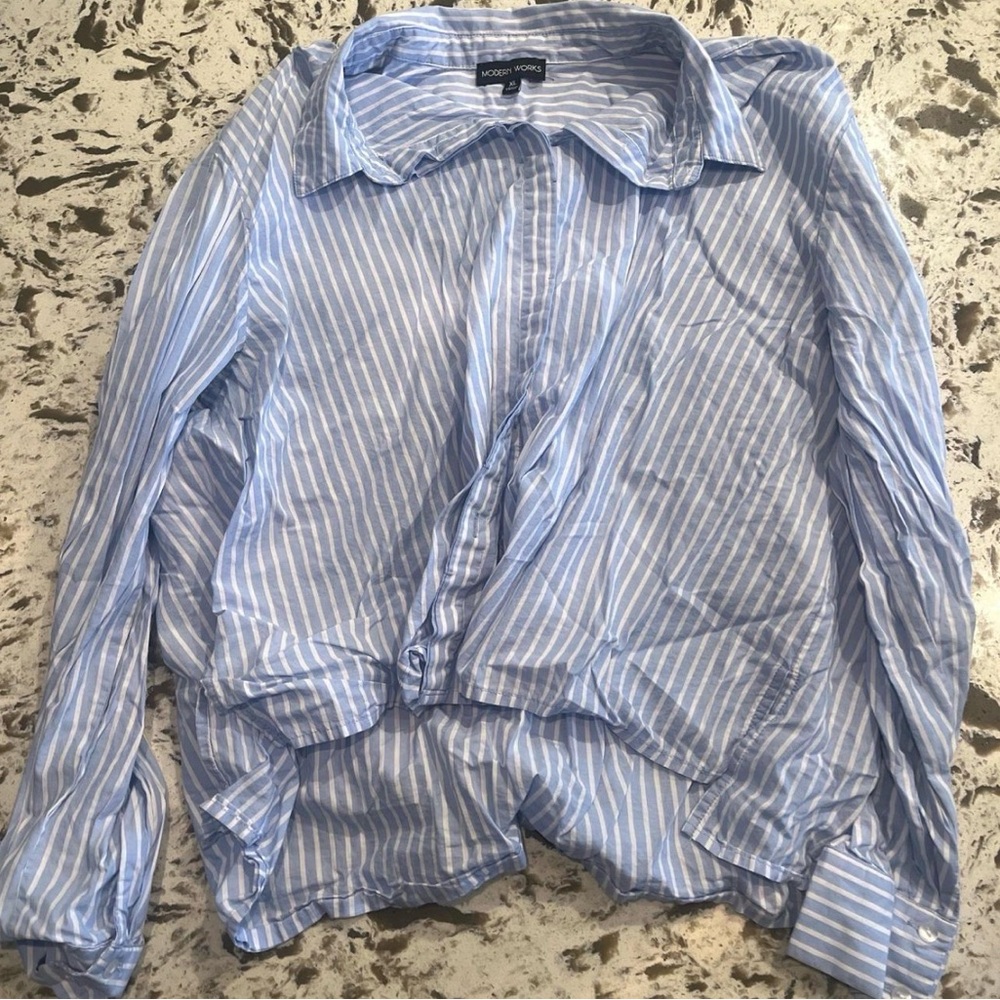 Women's Blue and White Striped Button Down Shirt